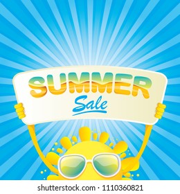 summer sale vector label or web banner. summer happy sun character holding sign or banner with special offer sale text isolated on blue background with rays of light