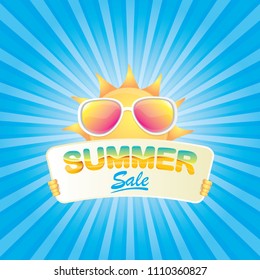 summer sale vector label or web banner. summer happy sun character holding sign or banner with special offer sale text isolated on blue background with rays of light
