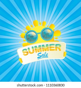 summer sale vector label or web banner. summer happy sun character holding sign or banner with special offer sale text isolated on blue background with rays of light