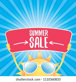 summer sale vector label or web banner. summer happy sun character holding sign or banner with special offer sale text isolated on blue background with rays of light