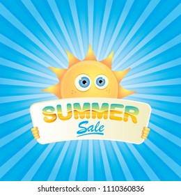 summer sale vector label or web banner. summer happy sun character holding sign or banner with special offer sale text isolated on blue background with rays of light