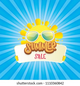 summer sale vector label or web banner. summer happy sun character holding sign or banner with special offer sale text isolated on blue background with rays of light