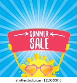 summer sale vector label or web banner. summer happy sun character holding sign or banner with special offer sale text isolated on blue background with rays of light