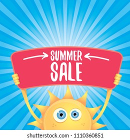 summer sale vector label or web banner. summer happy sun character holding sign or banner with special offer sale text isolated on blue background with rays of light