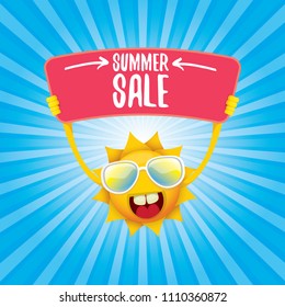 summer sale vector label or web banner. summer happy sun character holding sign or banner with special offer sale text isolated on blue background with rays of light