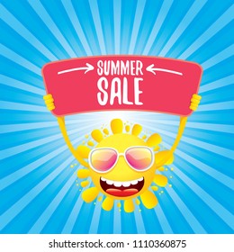 summer sale vector label or web banner. summer happy sun character holding sign or banner with special offer sale text isolated on blue background with rays of light