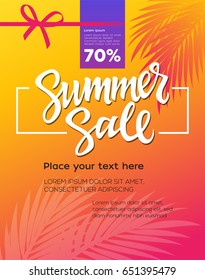 Summer Sale - vector leaflet, brochure, flyer, banner, poster template with hand drawn brush pen lettering with filler text on sunset background with palm tree leaves, red ribbon.