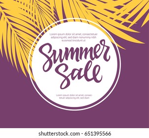 Summer Sale - vector leaflet, brochure, flyer, banner, poster template with hand drawn brush pen lettering in white circle with filler text on purple background with palm tree leaves.