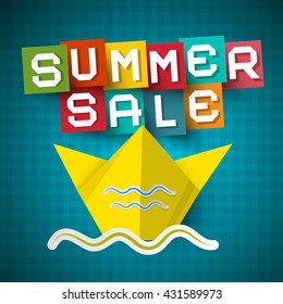Summer Sale Vector Paper Cut Letters with Origami Boat on Blue Background