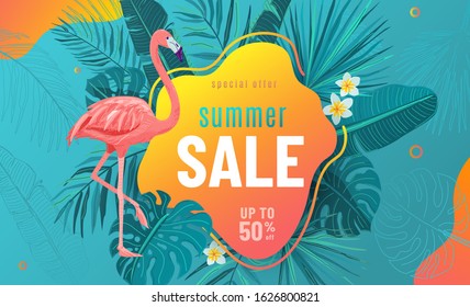 Summer sale vector poster background with bright geometric elements, tropical leaves, flamingo, frangipani flowers. Special offer flyer illustration. Tropic graphic design on blue backdrop.