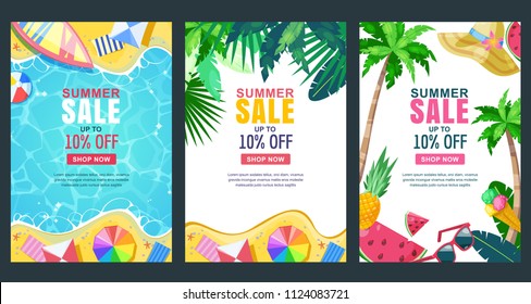 Summer sale vector poster, banner template. Season backgrounds set. Tropical frame with sand beach, water, leaves and fruits.