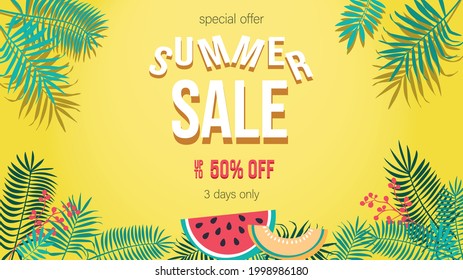 Venta veraniega diseño de afiches vectoriales con elementos coloridos de hojas tropicales en el fondo y venta de texto de descuento para la promoción de compras de temporada otoño.