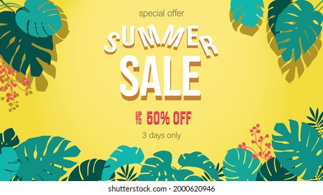 Summer sale vector poster design set with colorful tropical leaves element in background and sale discount text for fall season shopping promotion.