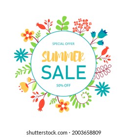 Diseño de afiches vectoriales de venta de verano. Imagen de fondo con flores brillantes.