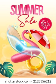 Summer sale vector poster design. Summer sale text up to 50% off discount with tropical vacation objects for seasonal shopping offer promo advertisement. Vector illustration.
