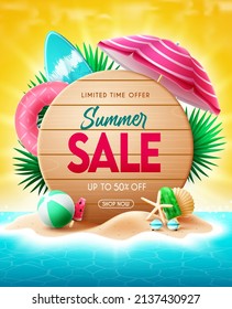 Summer sale vector poster design. Summer sale text in foliage circle with limited time price discount offer up to 50% off for tropical season travel and shopping promotion advertisement.