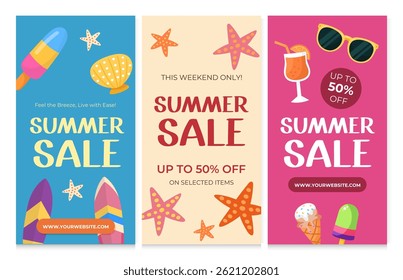 Summer sale vector poster design set with sale text and beach for summer seasonal discount promotion. Vector illustration.
