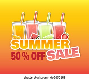 Summer sale. Vector poster with fruit cocktails. Template banner with bright colors and drinks