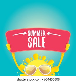 summer sale vector poster. summer happy sun holding sign or banner with special offer sale text 