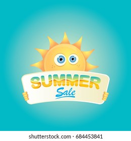 summer sale vector poster. summer happy sun holding sign or banner with special offer sale text 
