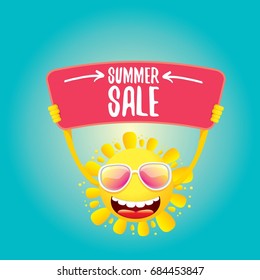 summer sale vector poster. summer happy sun holding sign or banner with special offer sale text 