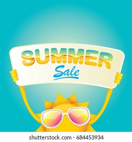summer sale vector poster. summer happy sun holding sign or banner with special offer sale text 