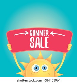 summer sale vector poster. summer happy sun holding sign or banner with special offer sale text 