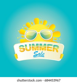 summer sale vector poster. summer happy sun holding sign or banner with special offer sale text 