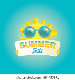 summer sale vector poster. summer happy sun holding sign or banner with special offer sale text 
