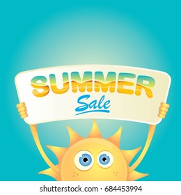 summer sale vector poster. summer happy sun holding sign or banner with special offer sale text 