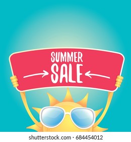 summer sale vector poster. summer happy sun holding sign or banner with special offer sale text 