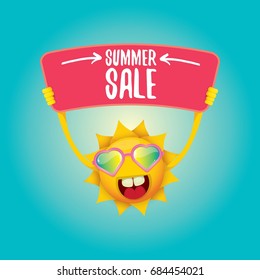 summer sale vector poster. summer happy sun holding sign or banner with special offer sale text 