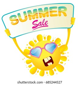 summer sale vector poster. summer happy sun holding sign or banner with special offer sale text