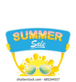 summer sale vector poster. summer happy sun holding sign or banner with special offer sale text