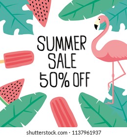 Summer sale vector poster set with 50% off discount text and summer elements in colorful backgrounds for store marketing promotion. Vector illustration.