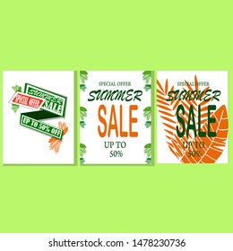 Summer sale vector poster set with 50% off discount text and summer elements in green backgrounds for store marketing promotion. Vector illustration.