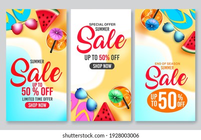 Summer sale vector poster set. Summer sale 50% off shop now text in beach seashore background with elements of tropical season for holiday shopping discount promotion. Vector illustration