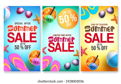 Juego de afiches vectoriales de venta de verano. Oferta de texto de venta de verano en un fondo colorido con elementos como bebidas, gafas de sol y flipflop para el diseño de promoción de descuentos de compras de temporada. Ilustración del vector