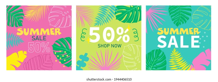 Summer sale vector poster set with 50% off discount text and tropical leaves in colorful backgrounds. Suitable for social media posts, mobile apps, banners design and webinternet ads. 
