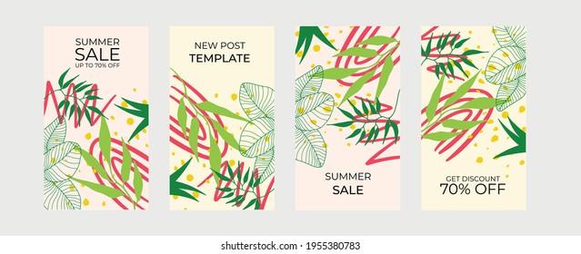 Afiche vectorial de venta de verano con texto de descuento y elementos de verano en coloridos fondos para promoción de marketing de tiendas. Ilustración vectorial.   Juego de banners verticales de venta de verano. Afiche de la temporada de vectores