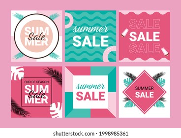 Summer sale vector poster set. Summer holiday store shopping promotion. Colorful backgrounds and elements. Vector illustration.