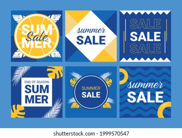 Summer sale vector poster set. Summer holiday banner. Blue backgrounds and elements. Vector illustration.