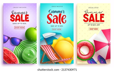 Summer sale vector poster set. Summer sale text with limited time offer discount in tropical season background for seasonal travel and shopping design. Vector illustration.
