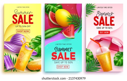 Summer sale vector poster set. Summer sale limited time offer text with discount price in abstract shape with tropical season elements for promotion advertisement design. Vector illustration.
