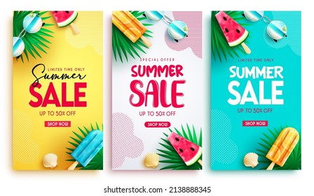 Summer sale vector poster set design. Summer sale text collection with tropical object elements and pattern for seasonal special price discount offer. Vector illustration.
