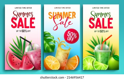 Summer sale vector poster set. Summer sale text in limited time offer with tropical season fruits and drinks for seasonal holiday business promo ads. Vector illustration.