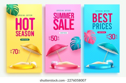 Summer sale vector poster set. Summer sale text product presentation with special offer discount. Vector illustration summer poster promo.
