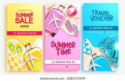 Juego de afiches vectoriales de venta de verano. Tiempo de verano, venta y cupones de viaje cupón de texto para publicidad de temporada tropical. Certificado de verano de ilustración vectorial.
