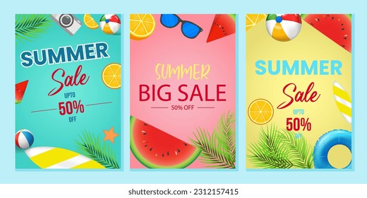 Sommerverkaufsvektor-Poster-Set mit 50% Rabatt auf Text und Sommerelemente auf buntem Hintergrund für Shop-Marketing-Werbung. 