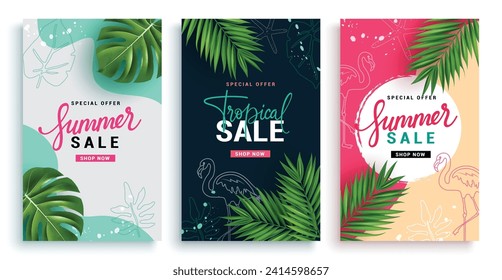 Summer sale vector poster set design. Summer sale special offer text with flamingo and leaves for tropical season shopping promo collection. Vector illustration summer advertisement. 
